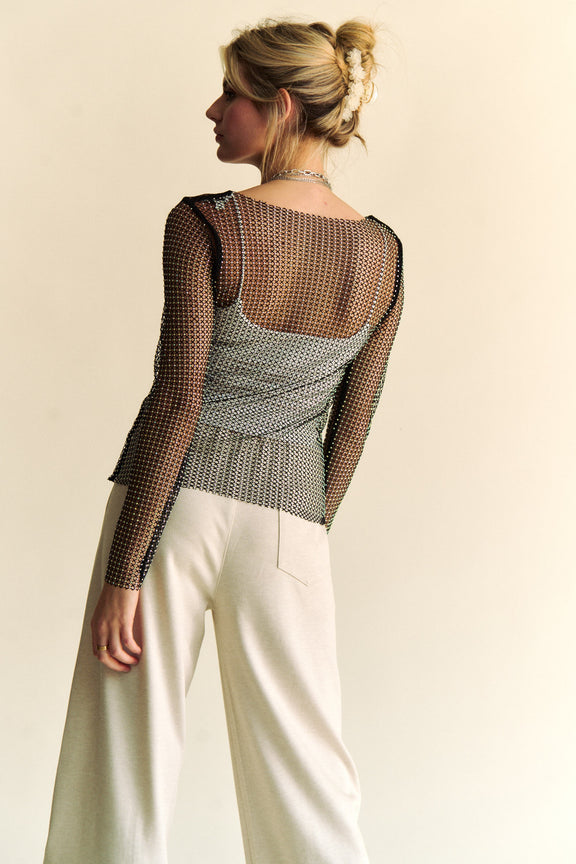 Davi & Dani Sparkling Rhinestone Sheer Mesh Round Neck Top