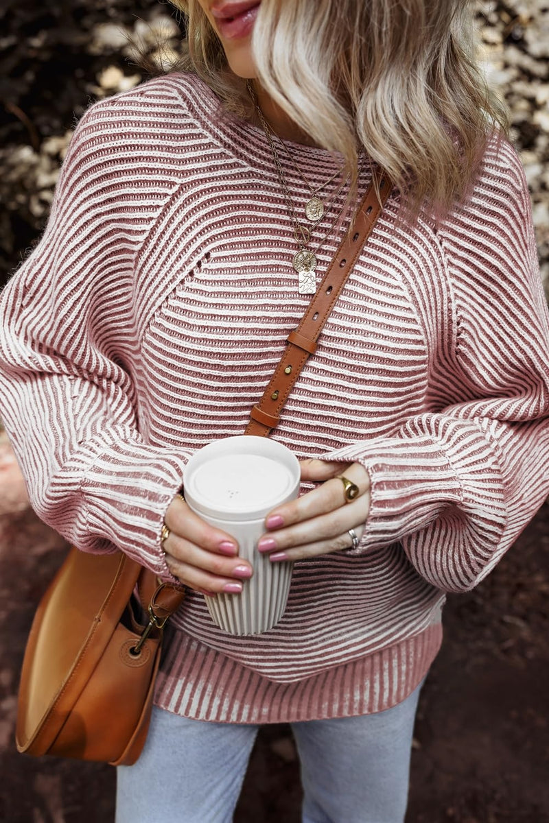 Textured Striped Round Neck Long Sleeve Top Dusty Pink