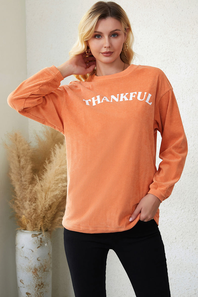 Round Neck Dropped Shoulder THANKFUL Graphic Sweatshirt Letter