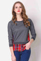 Full Size Plaid Patch Drop Shoulder Round Neck Top Dark Gray