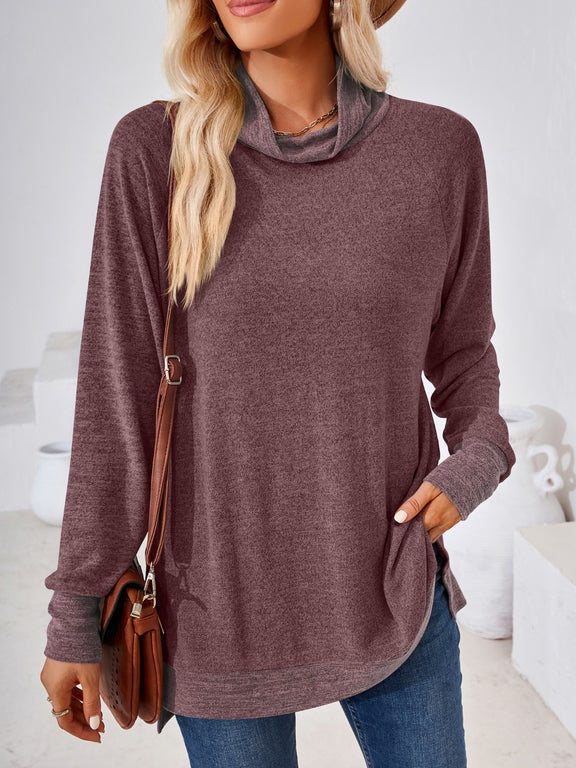 Contrast Mock Neck Long Sleeve T-Shirt Plum