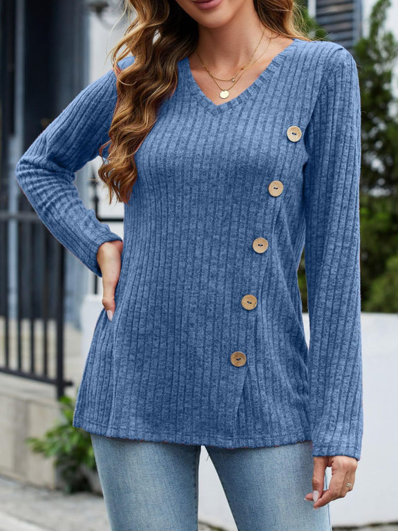 V-Neck Long Sleeve T-Shirt Blue