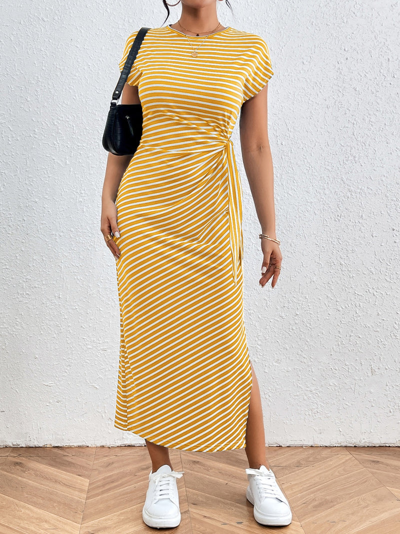 Tied Striped Round Neck Short Sleeve Tee Dress