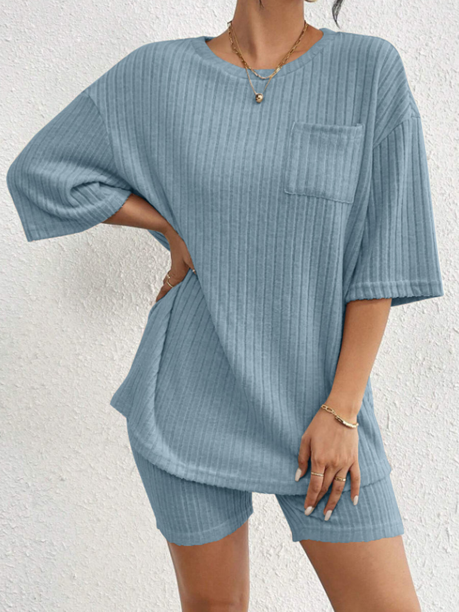 Ribbed Round Neck Top and Shorts Set Light Blue