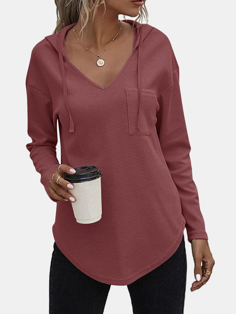 Drawstring Waffle Knit Long Sleeve Hooded Top Dark Rose
