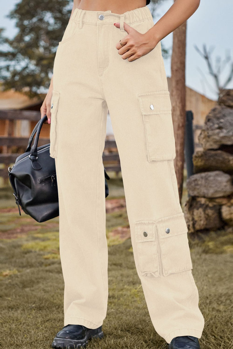 Loose Fit Long Jeans with Pockets Tan
