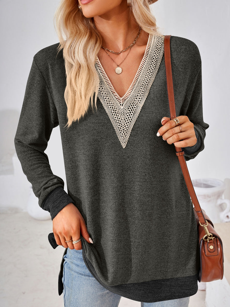 Crochet Contrast V-Neck Long Sleeve Slit T-Shirt Charcoal