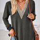 Crochet Contrast V-Neck Long Sleeve Slit T-Shirt