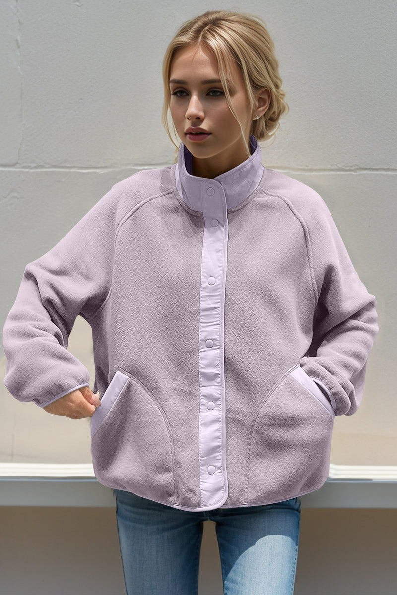 Double Take Snap Down Contrast Fleece Jacket with Pockets Pink Purple One Size