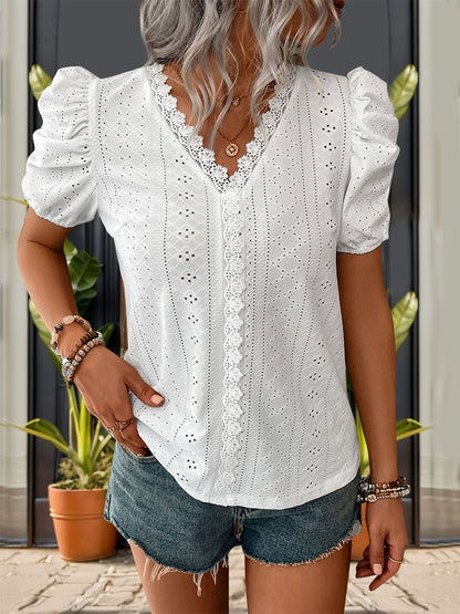 Perfee Lace Detail Eyelet V-Neck Short Sleeve Blouse White