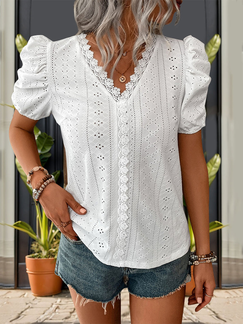 Perfee Lace Detail Eyelet V-Neck Short Sleeve Blouse White