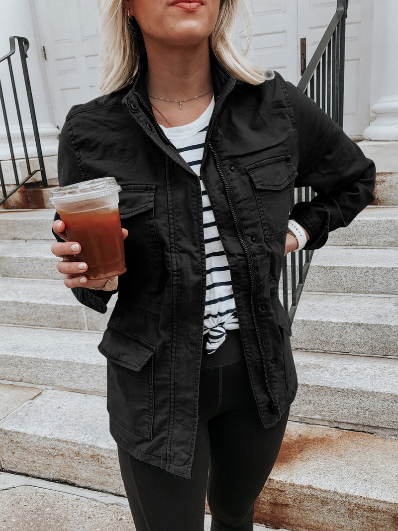 Pocketed Long Sleeve Zip Up Jacket Black