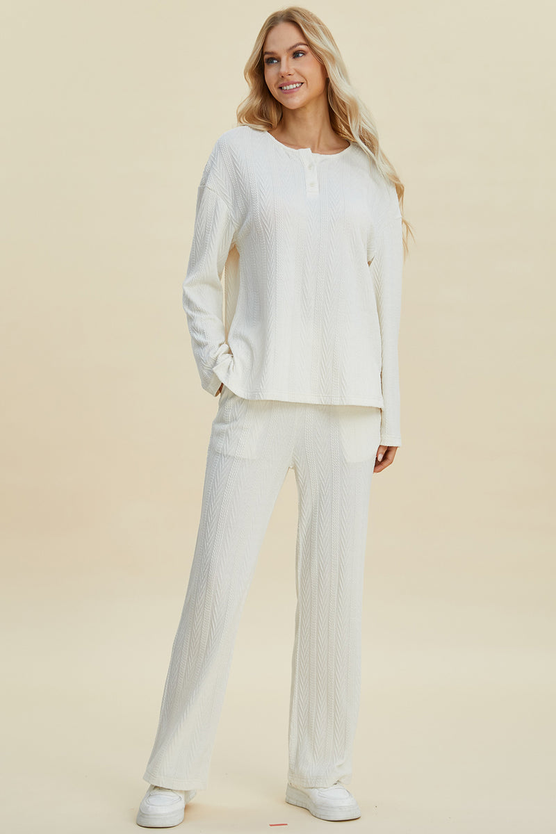 Double Take Full Size Cable-Knit Long Sleeve Top and Pants Set White