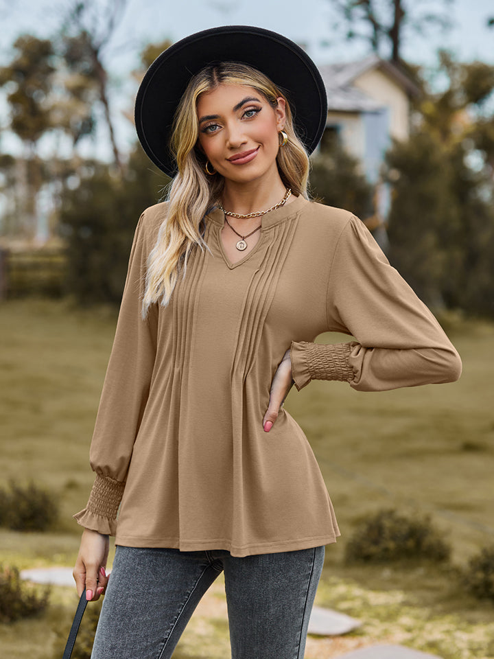 Notched Neck Flounce Sleeve Blouse