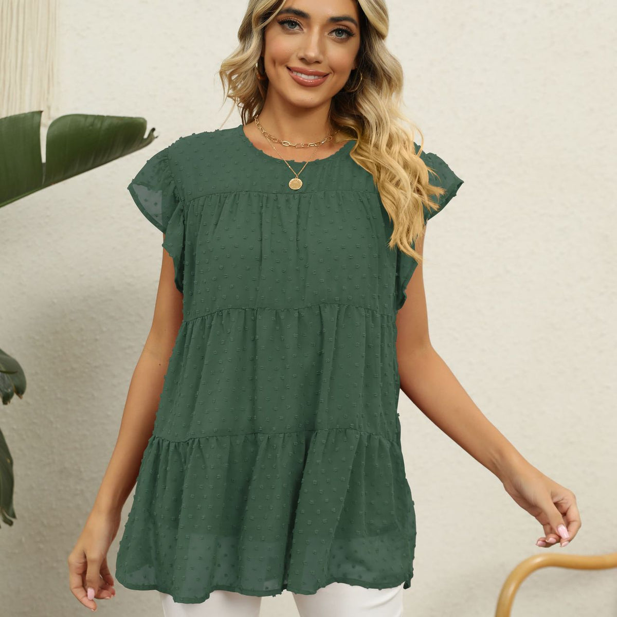 Swiss Dot Round Neck Tiered Blouse Forest