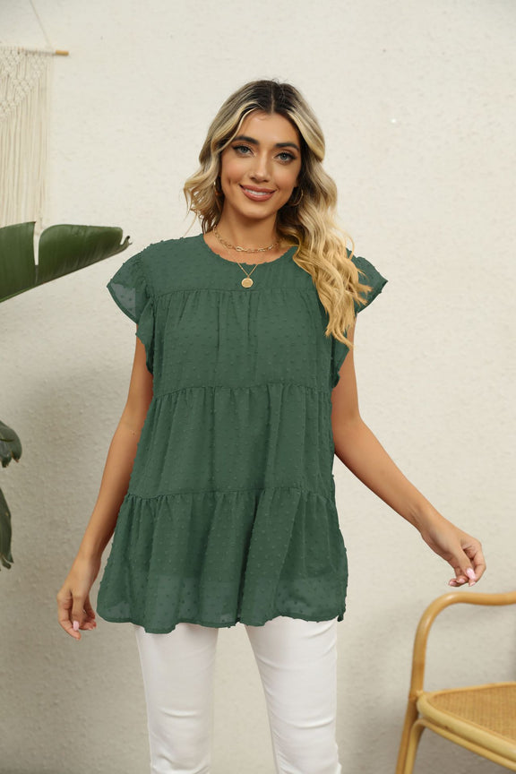 Swiss Dot Round Neck Tiered Blouse Forest