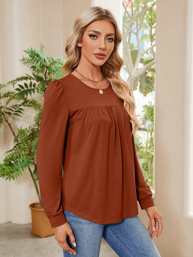 Ruched Round Neck Long Sleeve Blouse