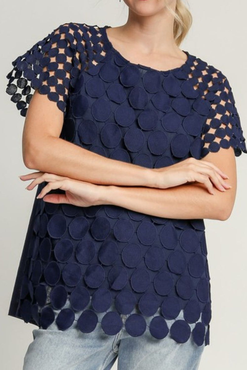 Umgee Full Size Mixed Polka Dot Lace Raglan Sleeve Boxy Cut Top Plus Size