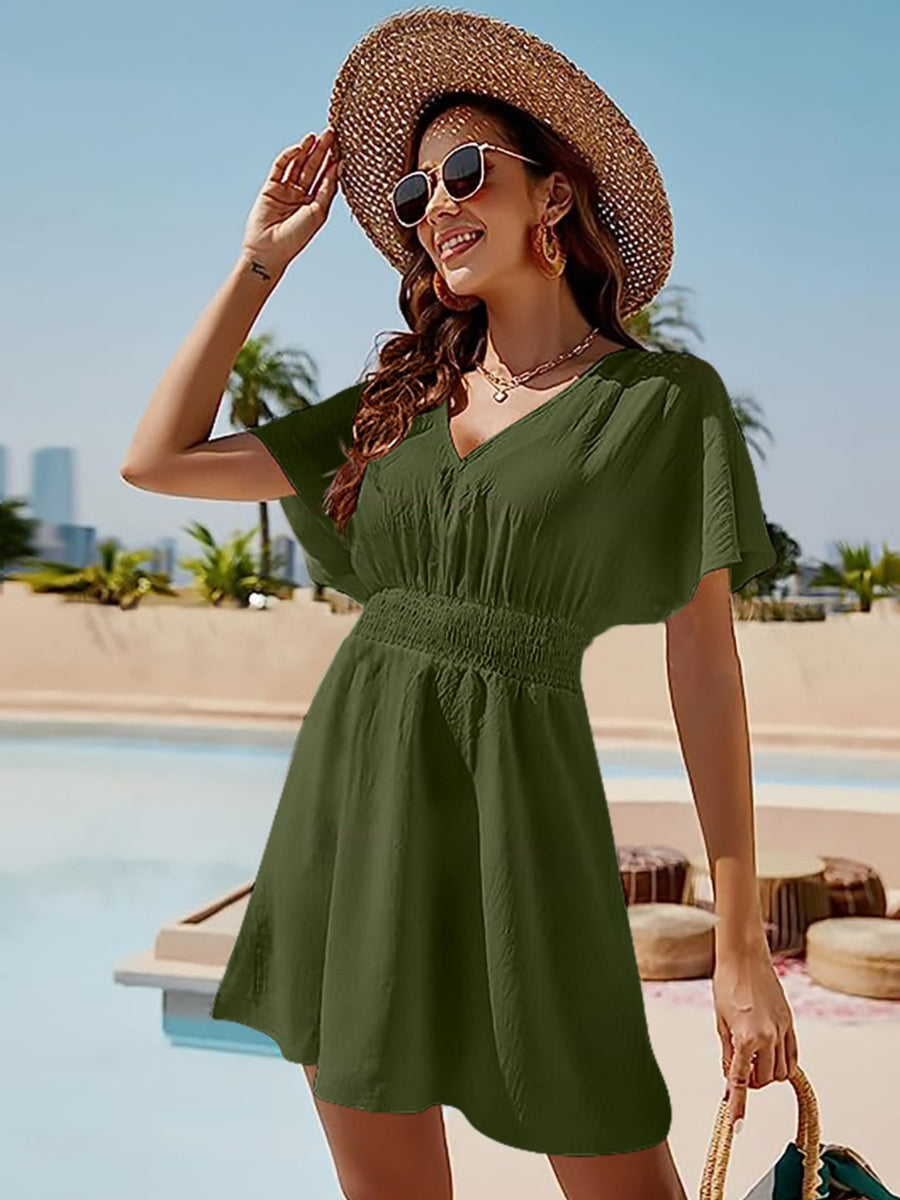 Smocked V-Neck Short Sleeve Dress Matcha Green