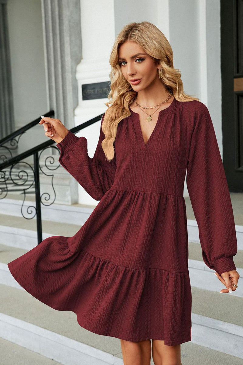 Notched Neck Long Sleeve Mini Dress Burgundy