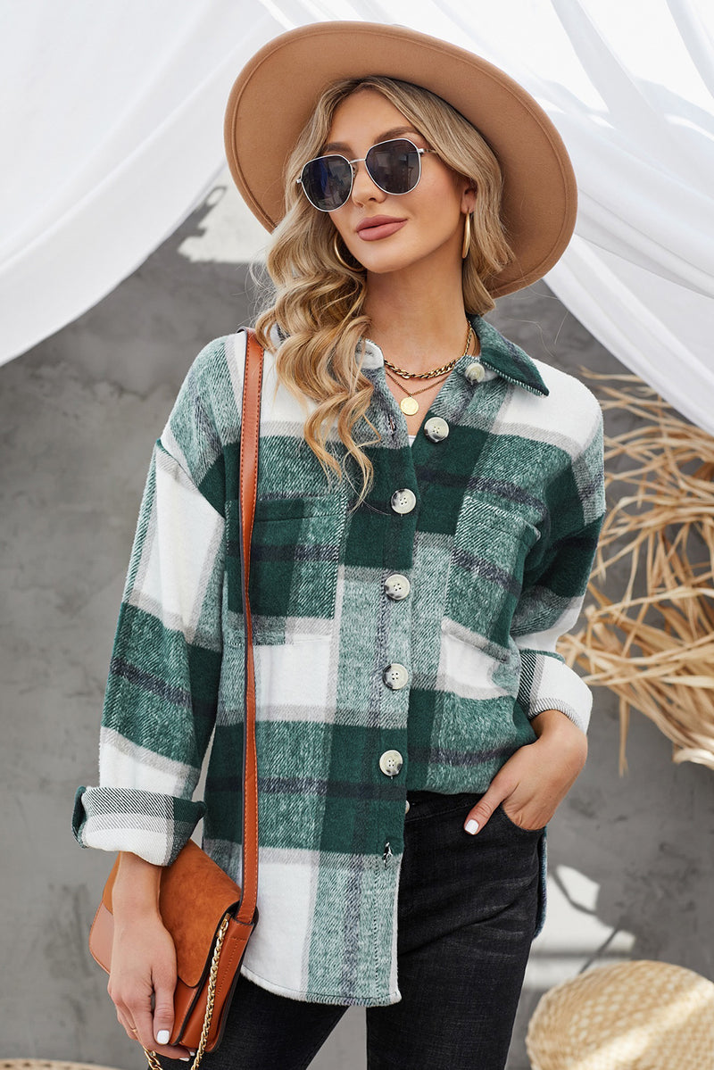 Plaid Button Up Dropped Shoulder Jacket Light Green