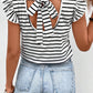 Tied Striped V-Neck Cap Sleeve T-Shirt