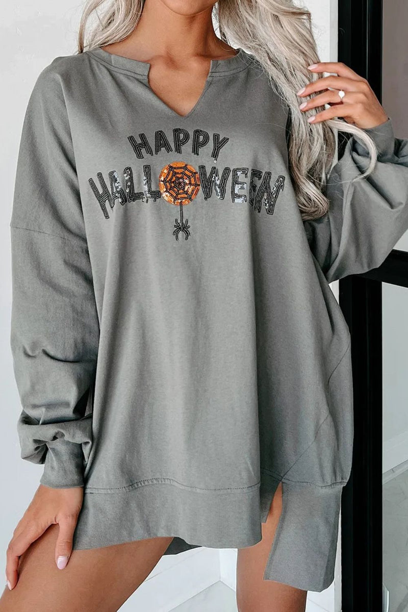 Sequin Letter Graphic Notched Long Sleeve Sweatshirt Gray
