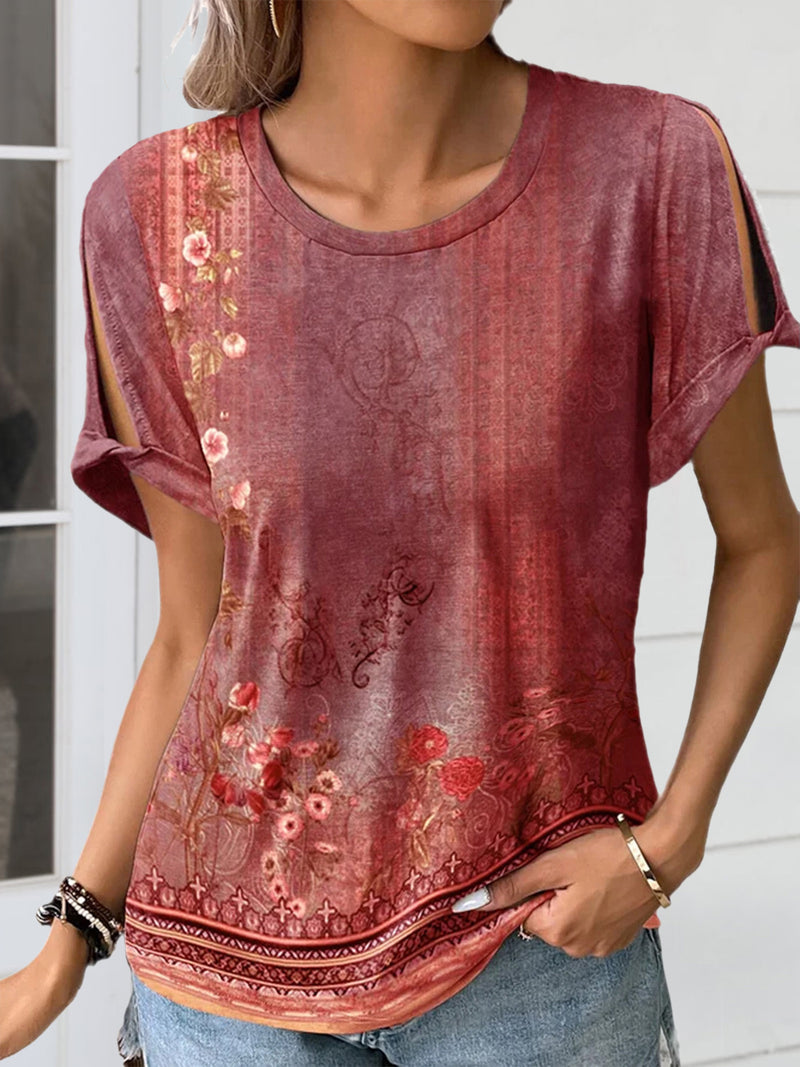 Cutout Printed Round Neck Short Sleeve Blouse