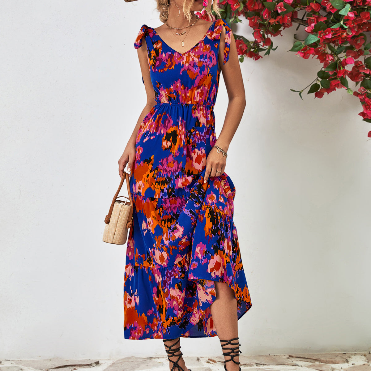 Multicolored V-Neck Backless Midi Dress