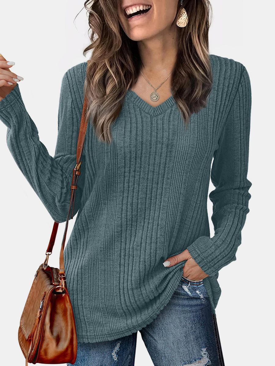 V-Neck Long Sleeve T-Shirt French Blue