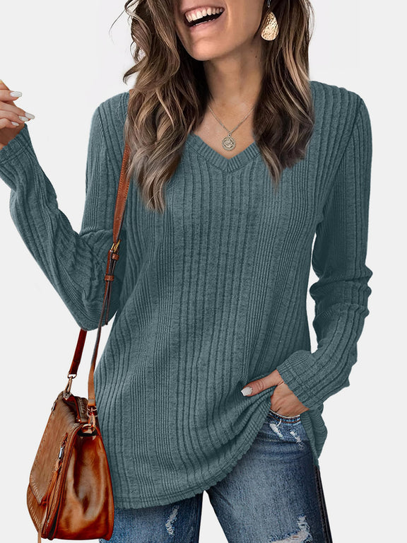 V-Neck Long Sleeve T-Shirt French Blue