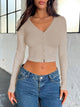 Buttoned V-Neck Long Sleeve T-Shirt Khaki