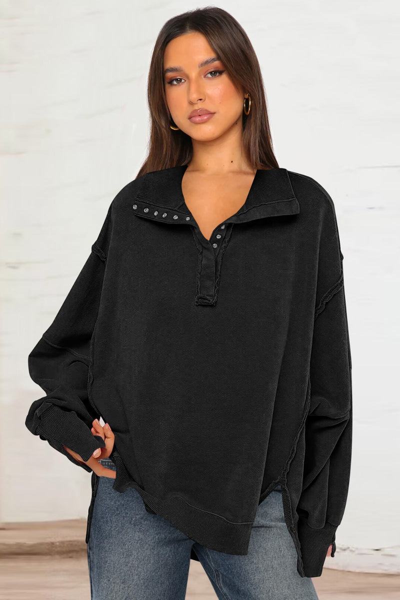 Exposed Seam Side Slit Long Sleeve Sweatshirt Black
