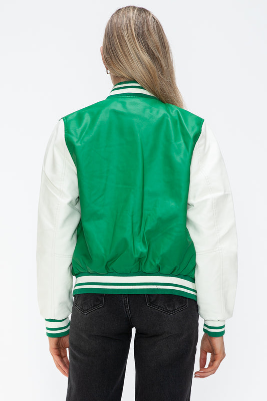 Love Me Now PU Leather Contrast Snap Down Bomber Jacket