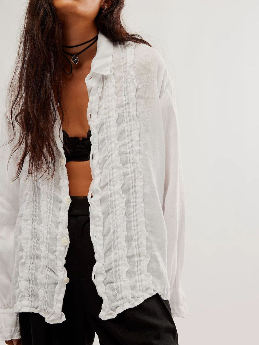 Frill Ruched Collared Neck Long Sleeve Shirt White