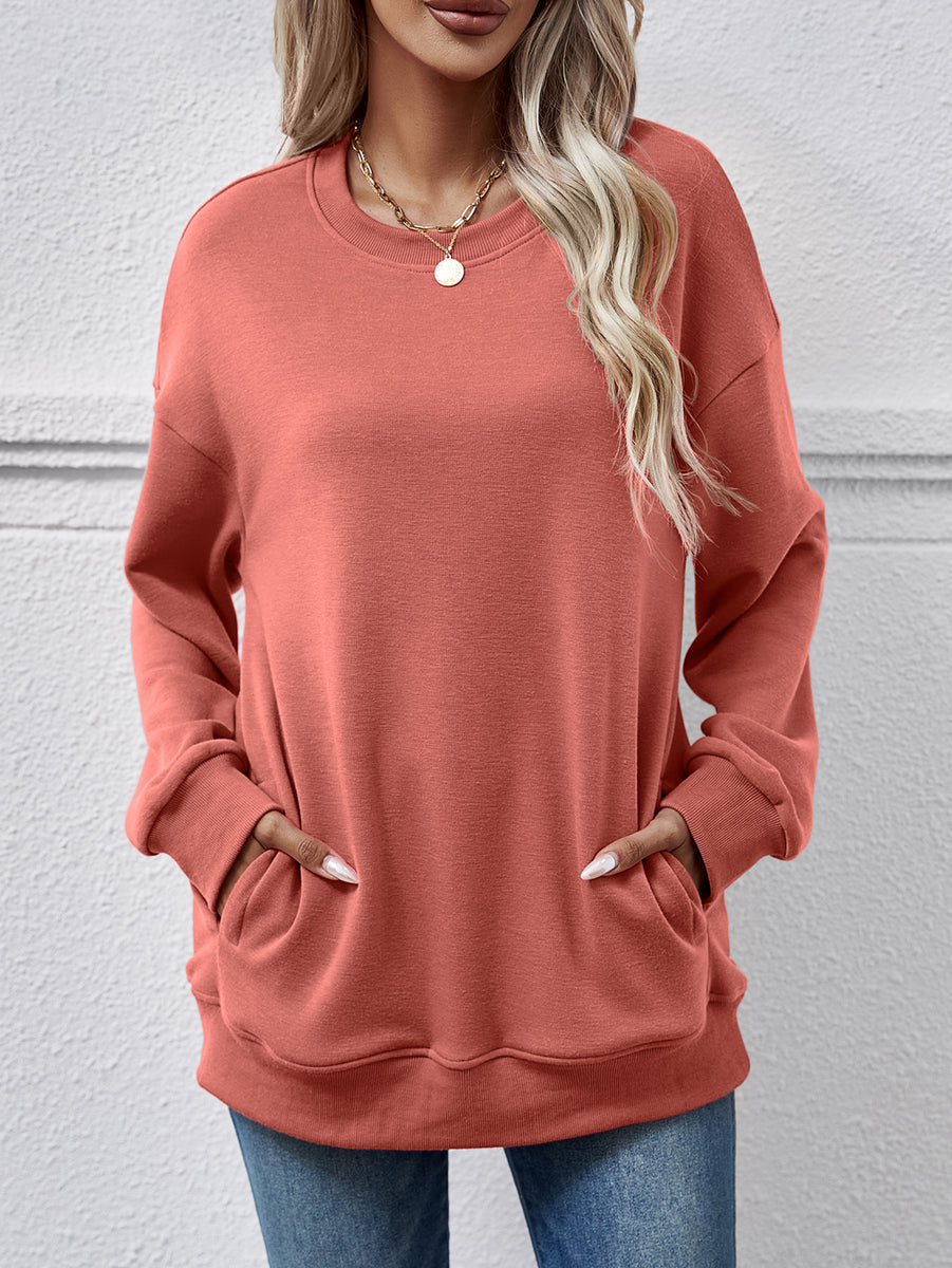 Dropped Shoulder Sweatshirt with Pockets Burnt Coral