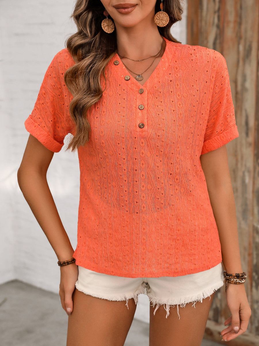 Ivy Lane Eyelet V-Neck Short Sleeve Top Orange-Red