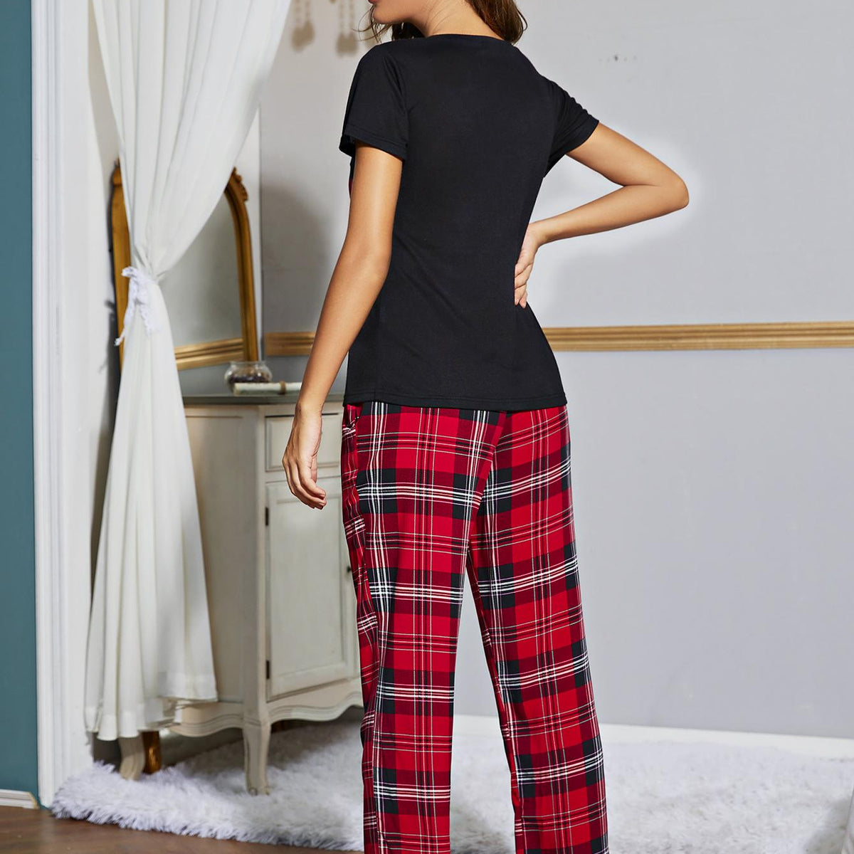 Heart Graphic V-Neck Top and Plaid Pants Lounge Set