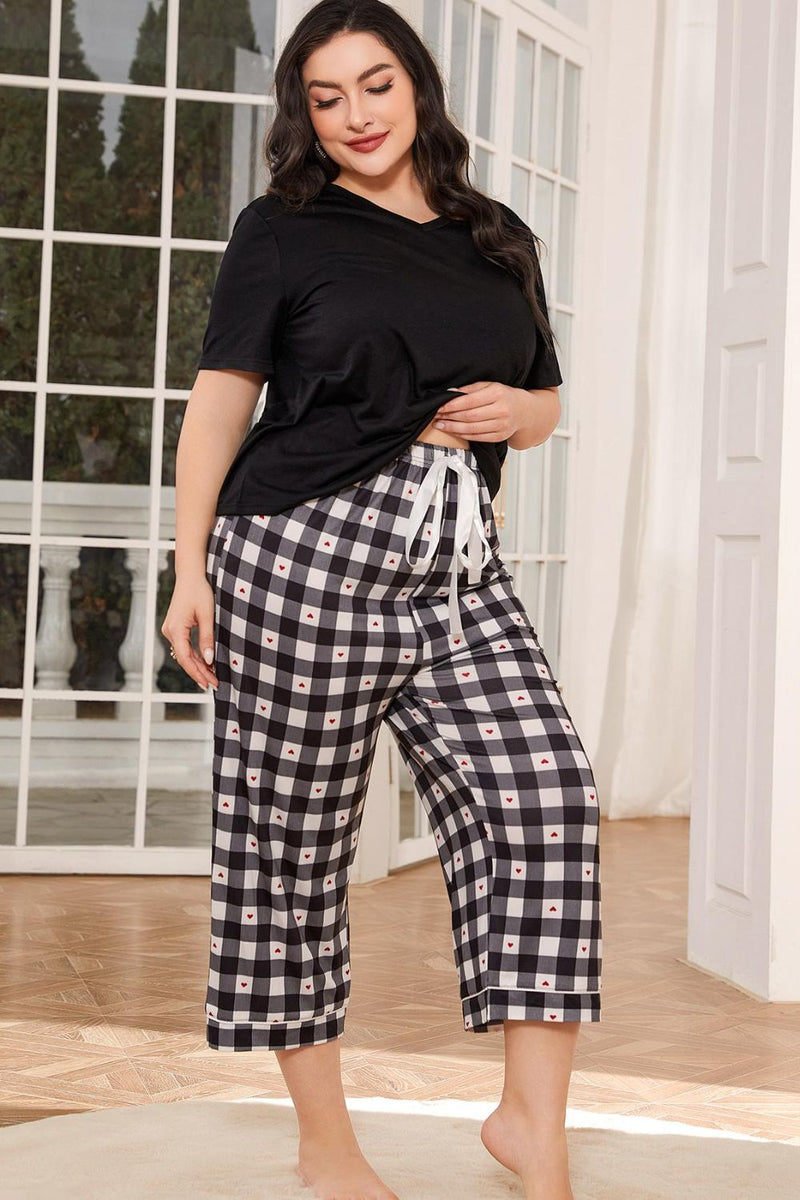 V-Neck Tee and Plaid Cropped Pants Lounge Set