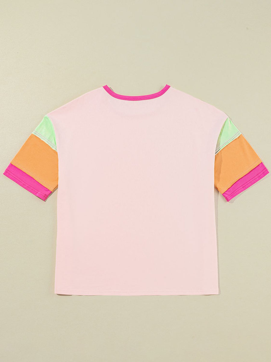 Letter Graphic Color Block Round Neck Half Sleeve T-Shirt