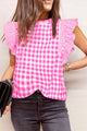 Checkered Ruffled Sleeve Frilled Neck Blouse Fuchsia Pink