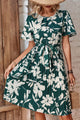 Floral Round Neck Tie Belt Pleated Dress Forest