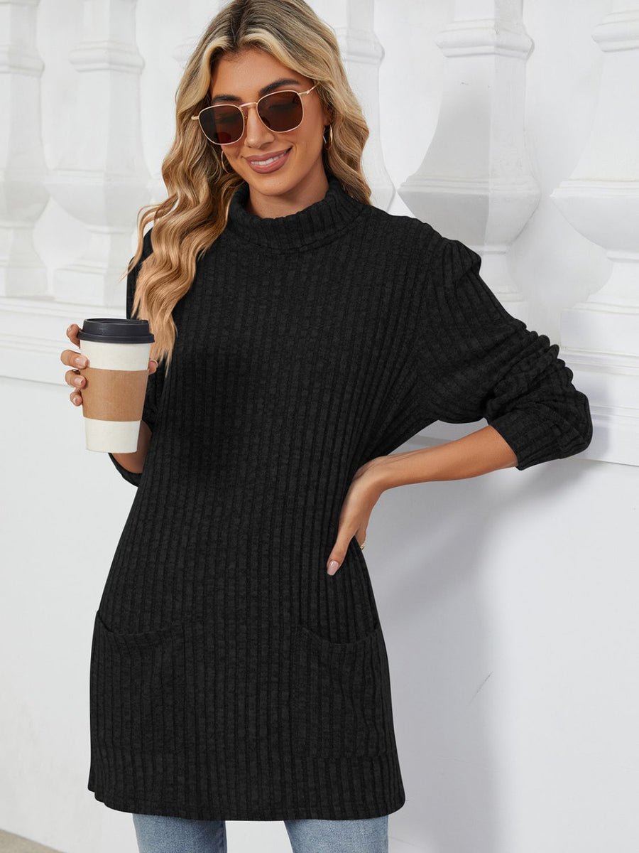 Ribbed Mock Neck Long Sleeve T-Shirt Black