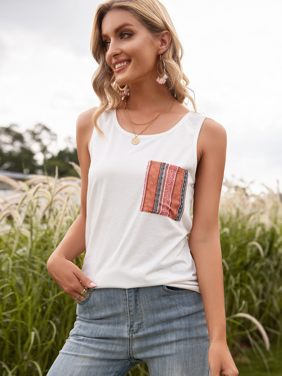 Ivy Lane Pocketed Printed Round Neck Tank