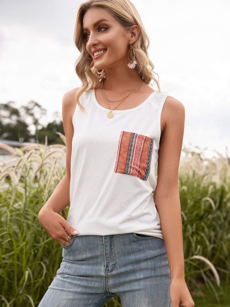 Ivy Lane Pocketed Printed Round Neck Tank White