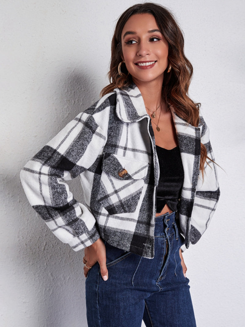 Plaid Button Front Jacket with Pockets White
