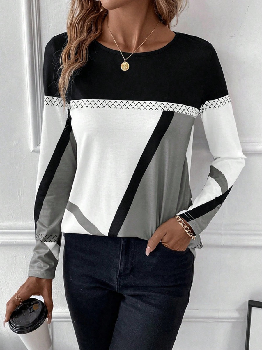 Contrast Round Neck Long Sleeve T-Shirt Dark Gray