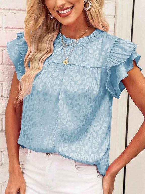 Leopard Frill Mock Neck Ruffled Cap Sleeve Top Light Blue
