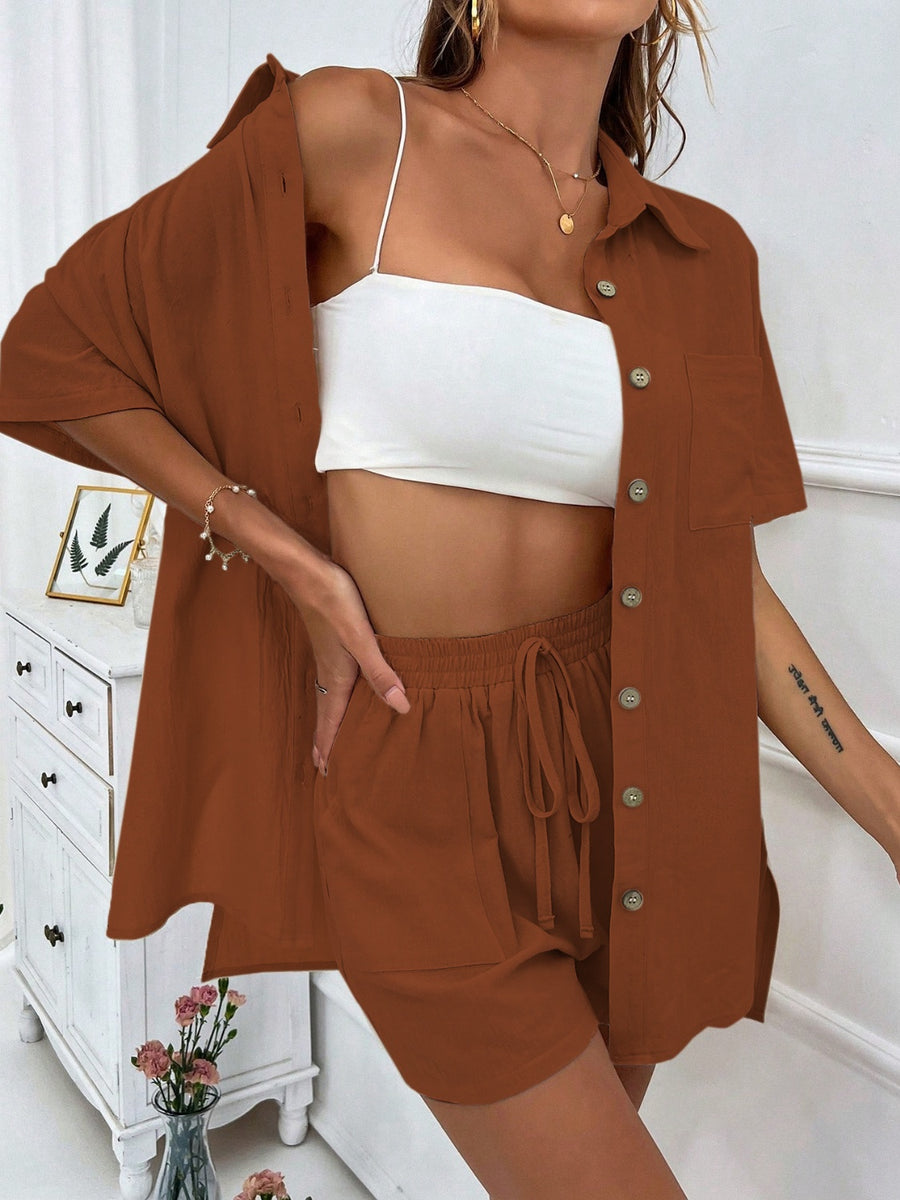 Button Up Half Sleeve Top and Shorts Set Dark Brown