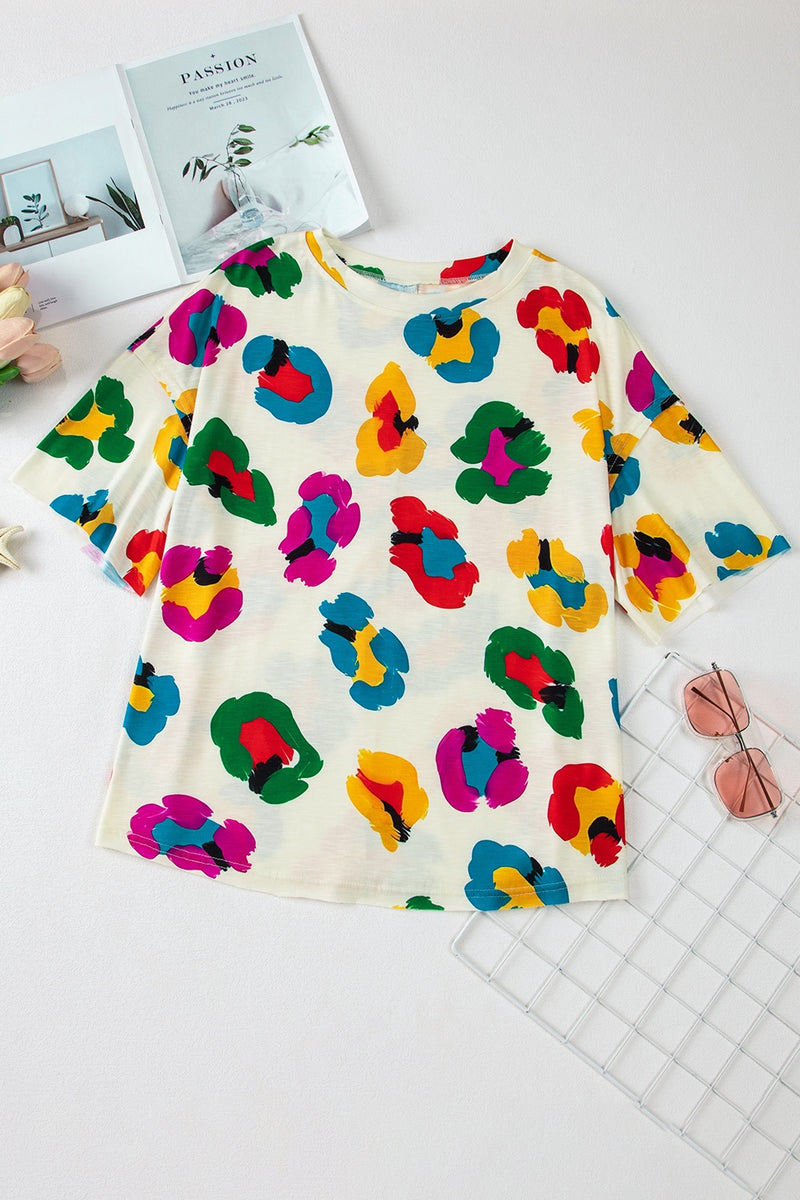 Printed Round Neck Half Sleeve Top Cream